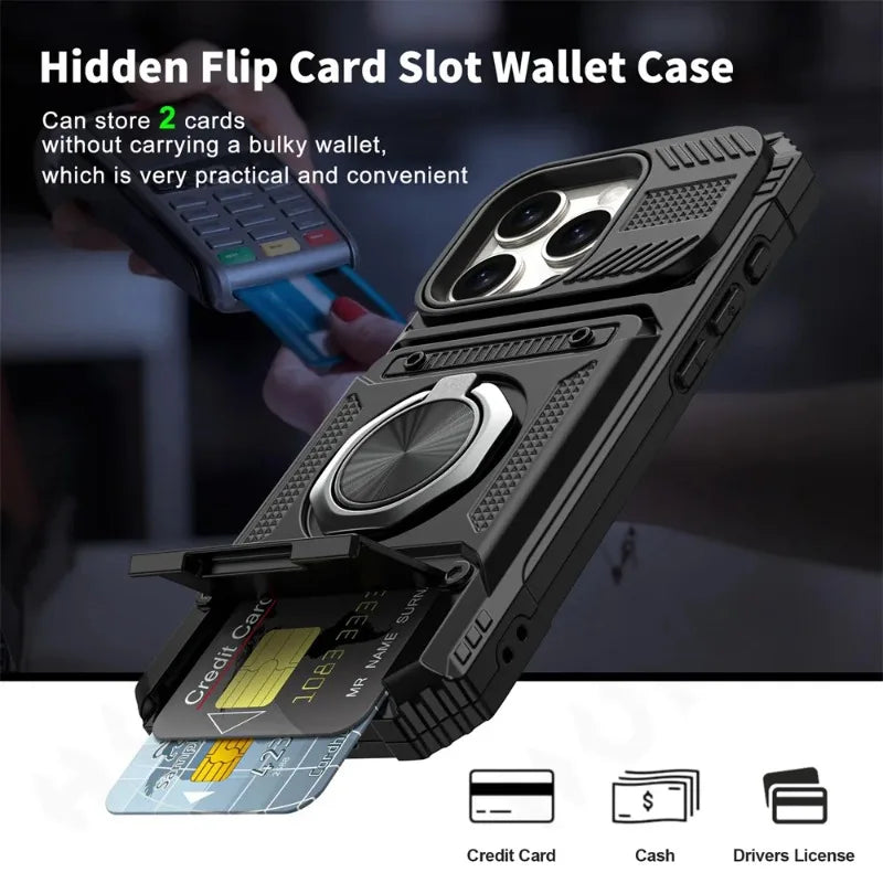Case For iPhone 16 15 14 13 12 11 Pro Max XS XR 8 7 Plus Magnetic Rotated Ring Kickstand Heavy Duty Drop Protection Wallet Cover - Kimlud