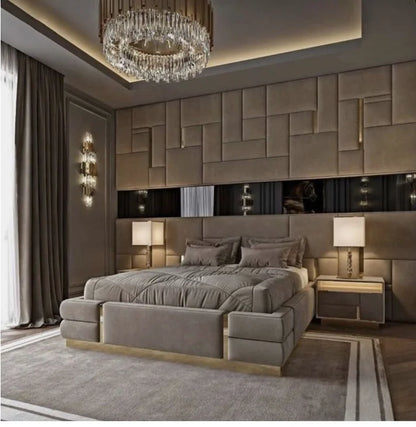 Italian Latest Luxury Bedroom Furniture Set High End Home Leather Double Bed Big Tall Headboard Modern King Size Bed - Kimlud