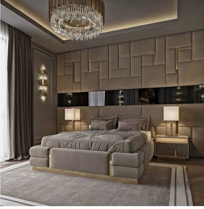 Italian Latest Luxury Bedroom Furniture Set High End Home Leather Double Bed Big Tall Headboard Modern King Size Bed - Kimlud