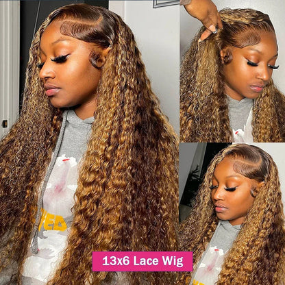 Highlight Wig Human Hair Ombre Deep Wave 13x6 HD Lace Frontal Wigs 4/27 Color Glueless Water Wave Curly Lace Front Wig 250 Density For Women ﻿