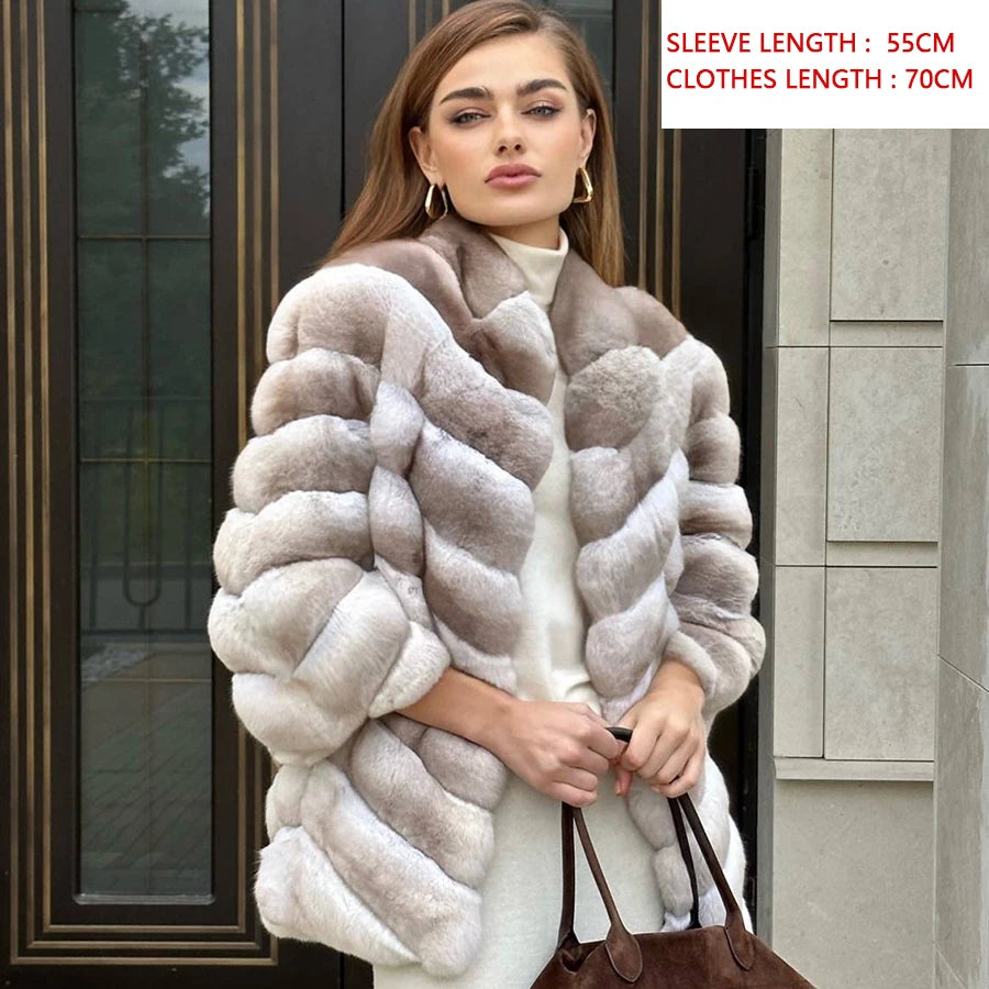 Natural Rabbit Fur Coat Women Chinchilla Colored Real Fur Coat Women Furry Jacket Women New Arrivals Hot Selling