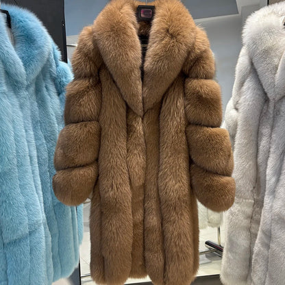 YOLOAgain 2025 Winter Warm Long Luxury Real Fox Fur Jacket Coat Women 120cm length
