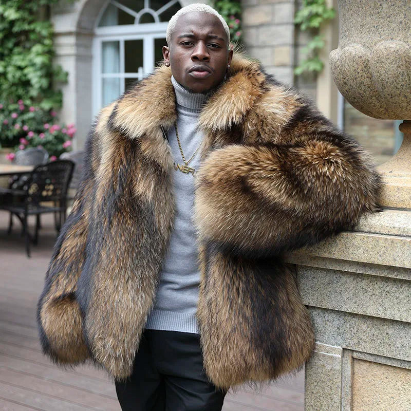 JANEFUR Men's Winter Raccoon Coat Thick Collar Warm Coat Real Raccoon Fur Coat Luxury Fashion
