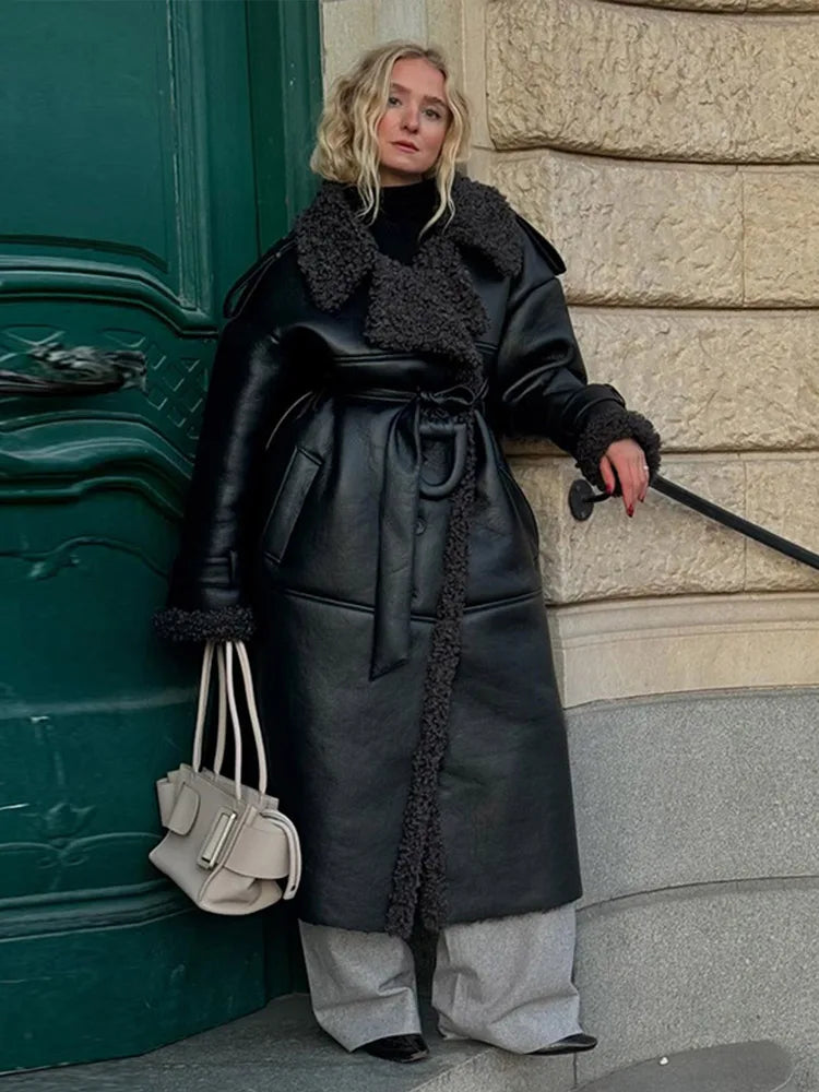 Vintage Patchwork Fur Leather Coats Women Lapel Lace Up Long Sleeve Thicken Warm Jacket 2025 Winter Lady New Streetwear Overcoat