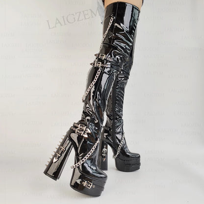 LAIGZEM Slim Fit Women Thigh High Boots Rivets Chains Platform Thick High Heels Boots Full Zip Shoes Woman Big Size 41 44 47