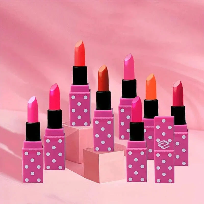 8 Colors Super Cute Girls Lipstick, Pink Polka Dots Design Long Lasting Non-fading Waterproof Velvet Lip Color, Non-Stick Cup