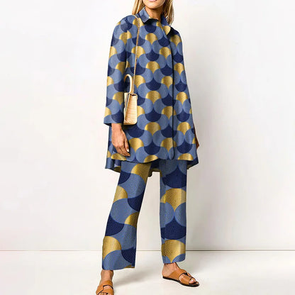 Autumn New Vintage Printed Pant Sets Women Long Shirts And Wide Legs Trousers Two Piece Set Fashion Trendy Streetwear Lady Suits