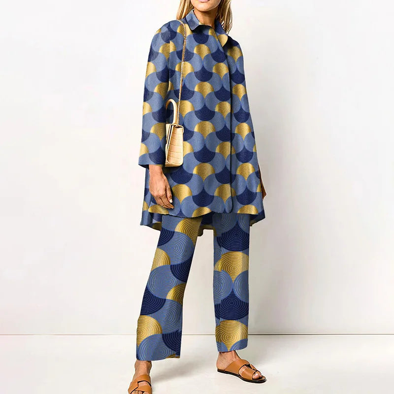 Autumn New Vintage Printed Pant Sets Women Long Shirts And Wide Legs Trousers Two Piece Set Fashion Trendy Streetwear Lady Suits