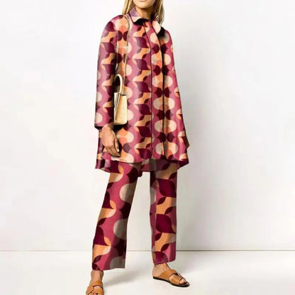 Autumn New Vintage Printed Pant Sets Women Long Shirts And Wide Legs Trousers Two Piece Set Fashion Trendy Streetwear Lady Suits
