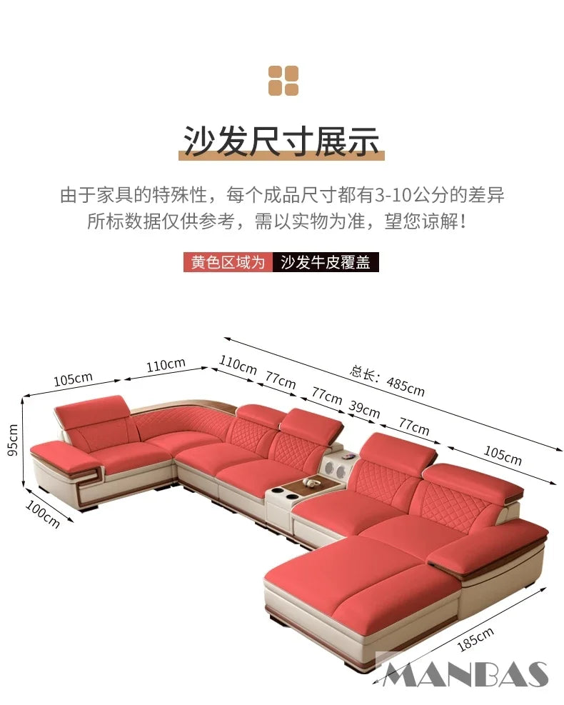 Linlamlim Premium Italian Genuine Leather Sofa Set for Living Room with Adjustable Headrests, Bluetooth Speaker, Wireless Charge