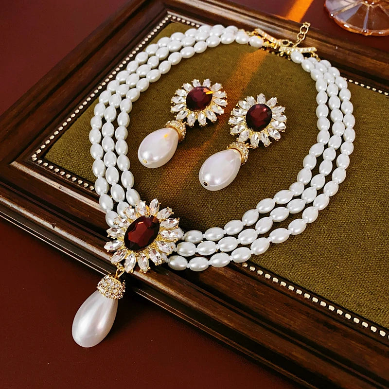 Flower Inlaid Rhinestone Drop Pearl Necklace Earring Set French Style Clavicle Chain Light Luxury Jewelry Sets for Women