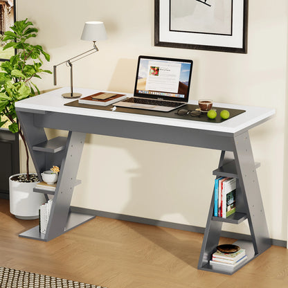 HOUSE SPOLE Computer table with X-shaped bracket, office table with 6 storage rack, Grey | Kimlud Office Luxury Table