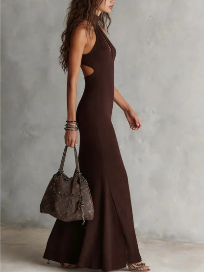 Elegant Sleeveless High Neck Long Skirt with Slit for Women Perfect for Dinner Dates And Formal Occasions | Kimlud Mid...