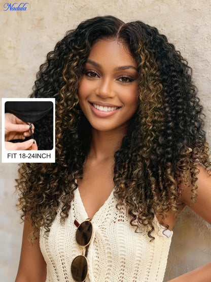Nadula 7x5 Bye-Bye Slip™ Glueless Wig Chestnut Brown Ombre Burmese Curly With Finger Coil Ends Drawstring Human Hair Wig...