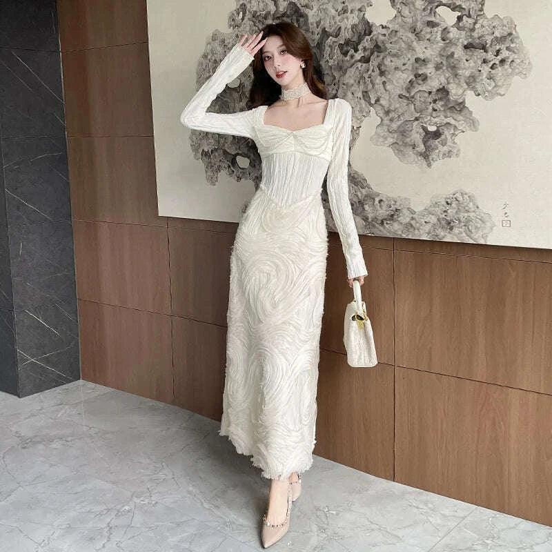 French Romantic Beige Textured Patchwork Design Elegant Square Neck Appliques Slim Elastic Knit Dress