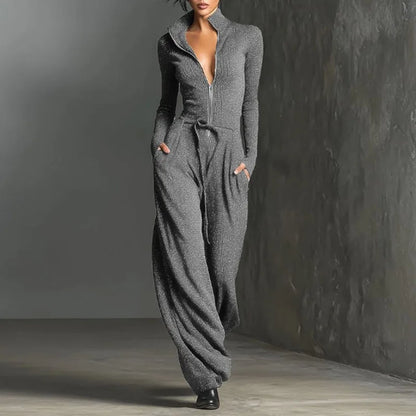 Spring Casual Solid Slim Straight Jumpsuits Woman Elegant V Neck Zip Bodysuit Autumn Long Sleeve High Waist Pocket...