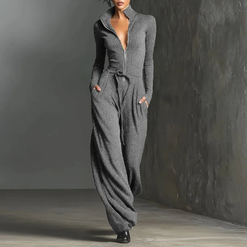 Spring Casual Solid Slim Straight Jumpsuits Woman Elegant V Neck Zip Bodysuit Autumn Long Sleeve High Waist Pocket...