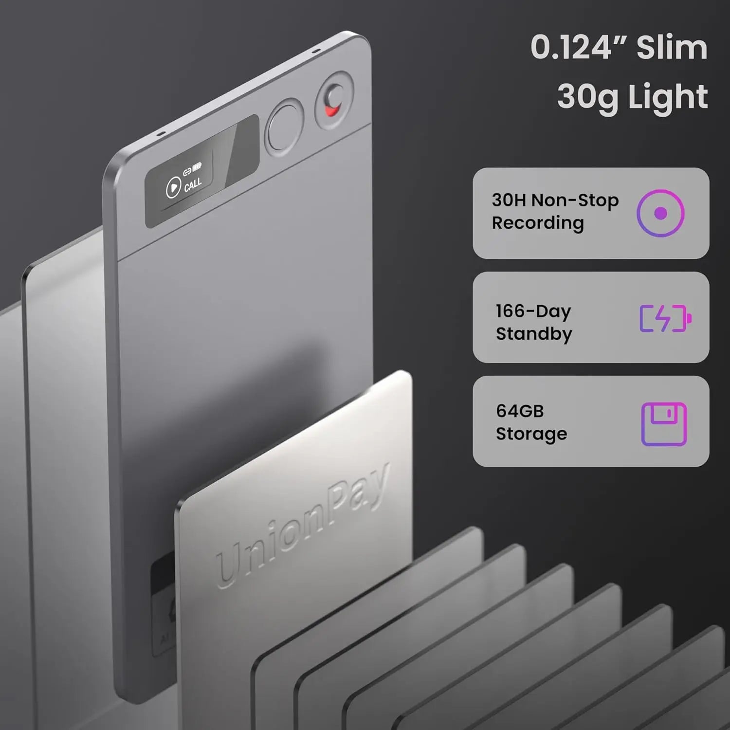 AI Voice Recorder with Noise Cancellation, 152 Languages, 64GB, App Control for Meetings & Lectures, Gray