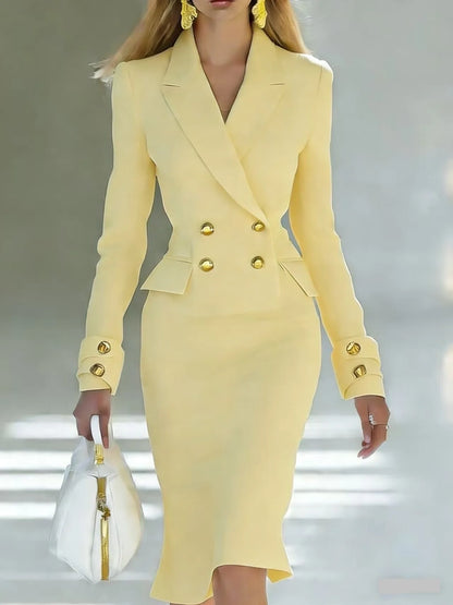 Elegant Women V-neck Double Breasted Blazer Dresses Spring Autumn Fashion Solid Long Sleeve Office Business Wrap Hip Slim Dress