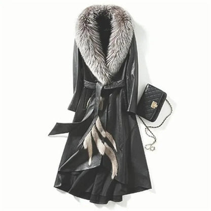 2025 New Women's PU Leather Jacket For Spring Autumn Slim Big Fur Collar Long Leather Coat Female Loose Leather Outerwear 7XL