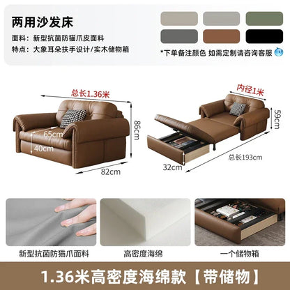 European Living Room Sofa Bed Brown Faux Leather Italian Modern Sleeper Double Couch Chaise Lounge Small Divano Letto...