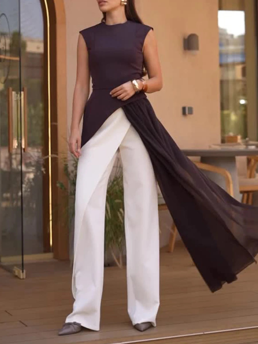 TWOTWINSTYLE Solid Slimming Spliced Folds Irregular Blouses for Women Round Neck Sleevelless High Waist Long Blouse Female New - Kimlud