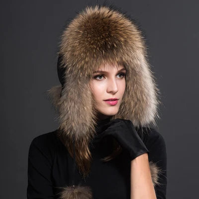 Women Natural Raccoon Fur Caps Ushanka Hats for Winter Thick Warm Ears Fashion Bomber Pom Pom Hat Lady Real Fox Fur Cap...