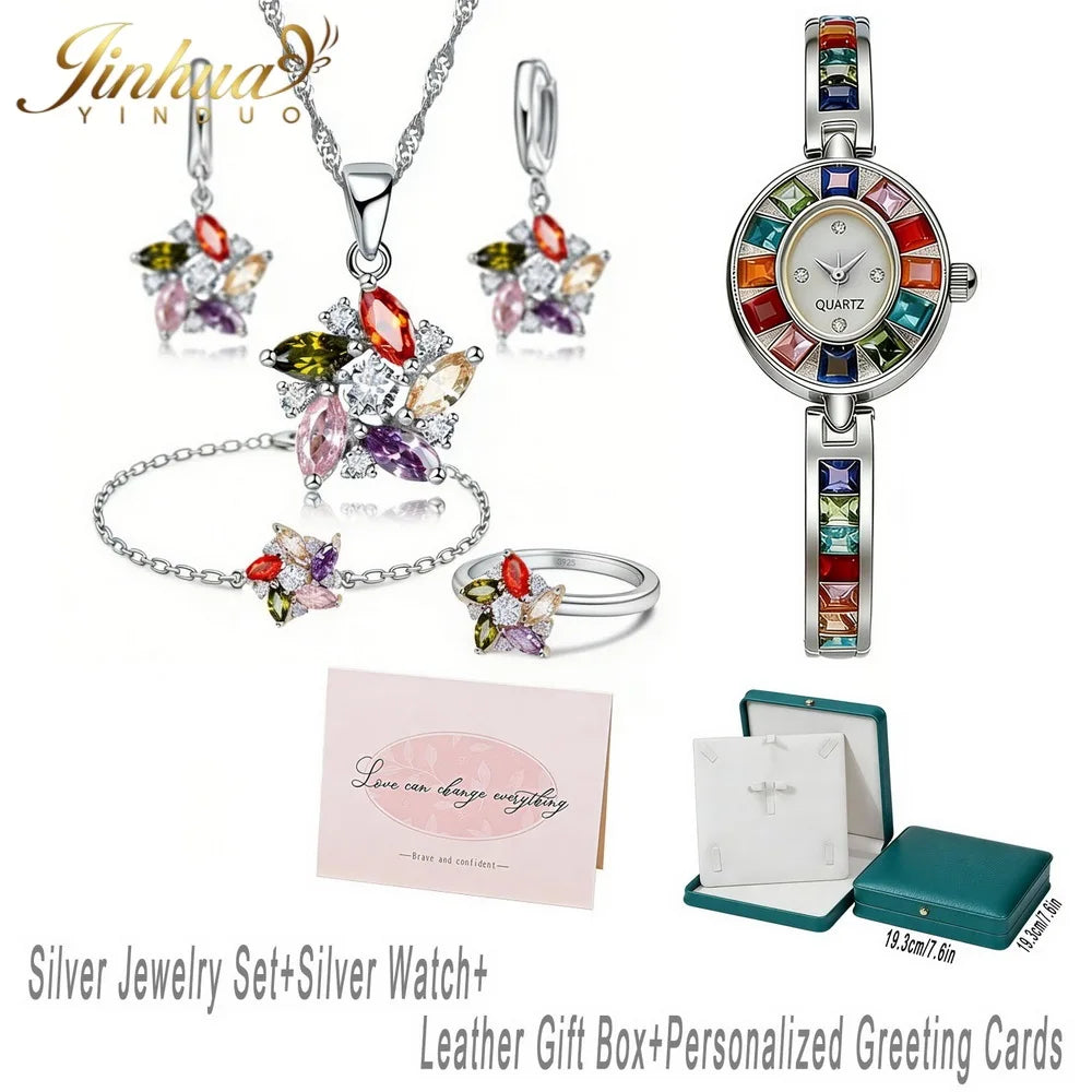 26 Wellness Jewelry Set 925 Sterling Silver Windmill Colorful Good Lucky CZ Necklace Earrings Bracelet Ring+Gift Box For Women