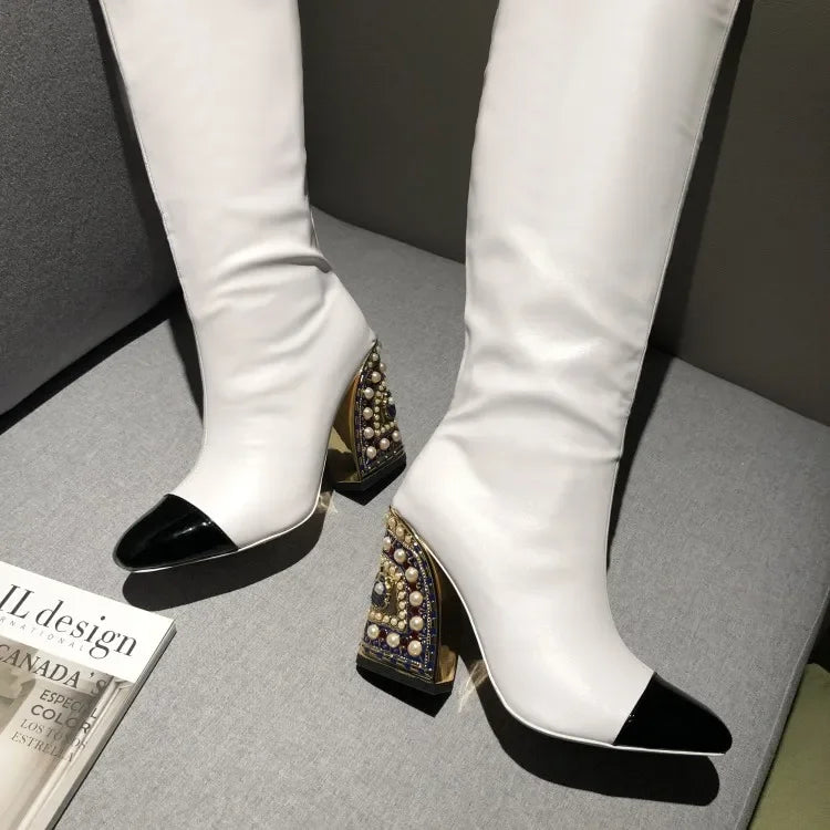 Colored Rhinestone Cowhide Mid Tube/knee Length Boots Thick Heeled Square Toe Black Gold Runway Runway Performance High Heels