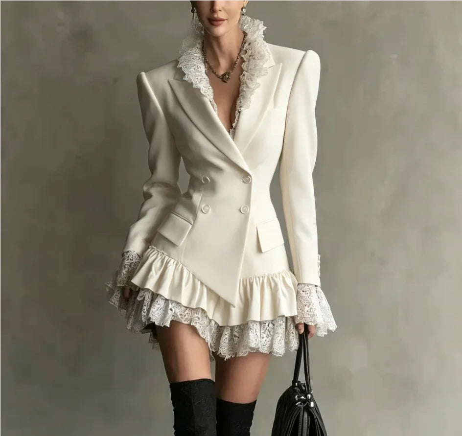 Autumn Lapel Double‑Breasted Lace Ruffle Mini Dresses Women Fashion Long Sleeve Short Dress Elegant Ladies Party...