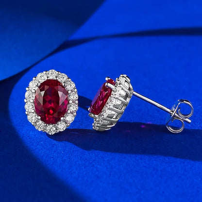 Wong Rain Vintage 100% 925 Sterling Silver Oval Cut 6*8 MM Ruby Sapphire High Carbon Diamond Gemstone Ear Studs Earrings...