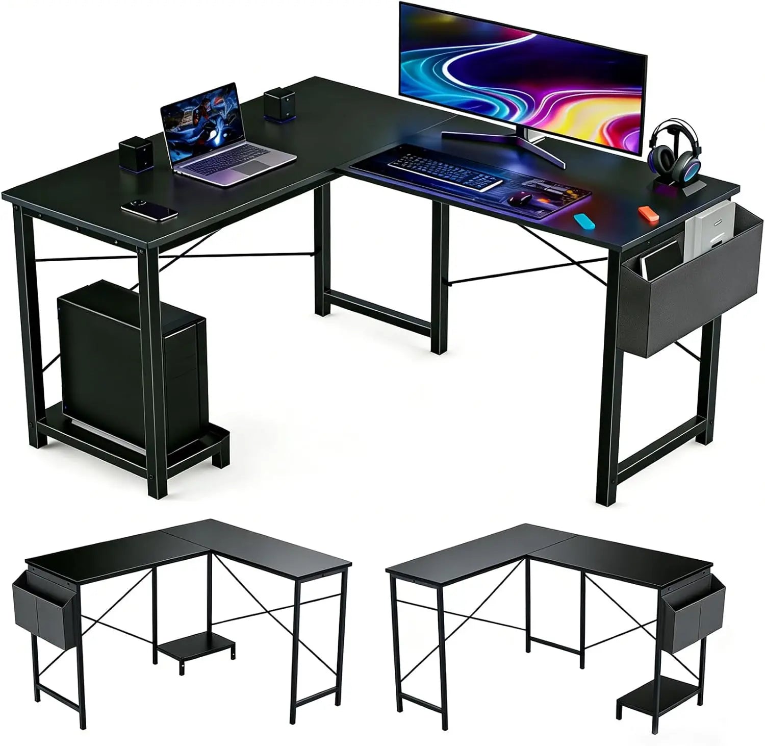 50-Inch Reversible L-Shaped Computer Desk with CPU Stand & Storage Bag, Sturdy Metal Frame for Home Office Gaming