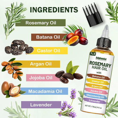 Adglamful 7-in-1 Rosemary Hair Oil 118ml – No-Rinse Hair Oil+Comb Set, Instantly Smooths Frizz, Repairs Damage | Kimlud...