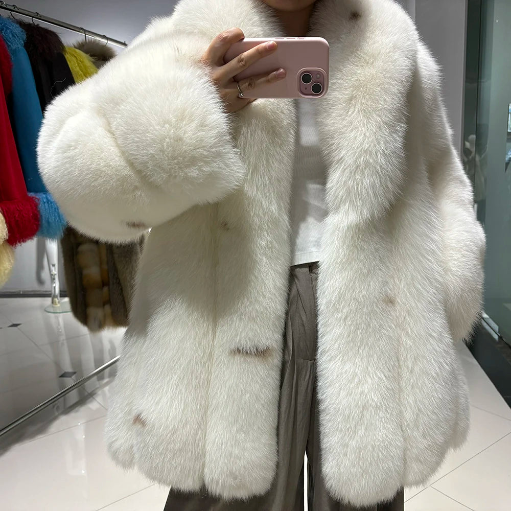 YOLOAgain Women's Luxury White Fox Fur Coat 2024 Winter Warm Real Fox Fur Jacket