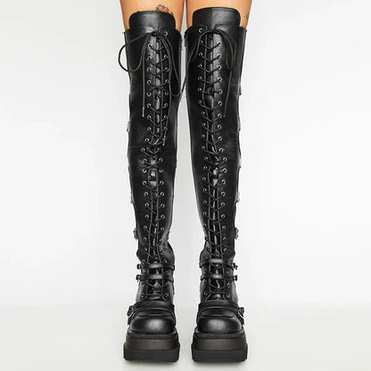 Over-the-knee Boots Women Platform Heels Belt Buckle  Boot Motorcycle Goth Shoe Thigh High Flat Boots Plus Size 42 43