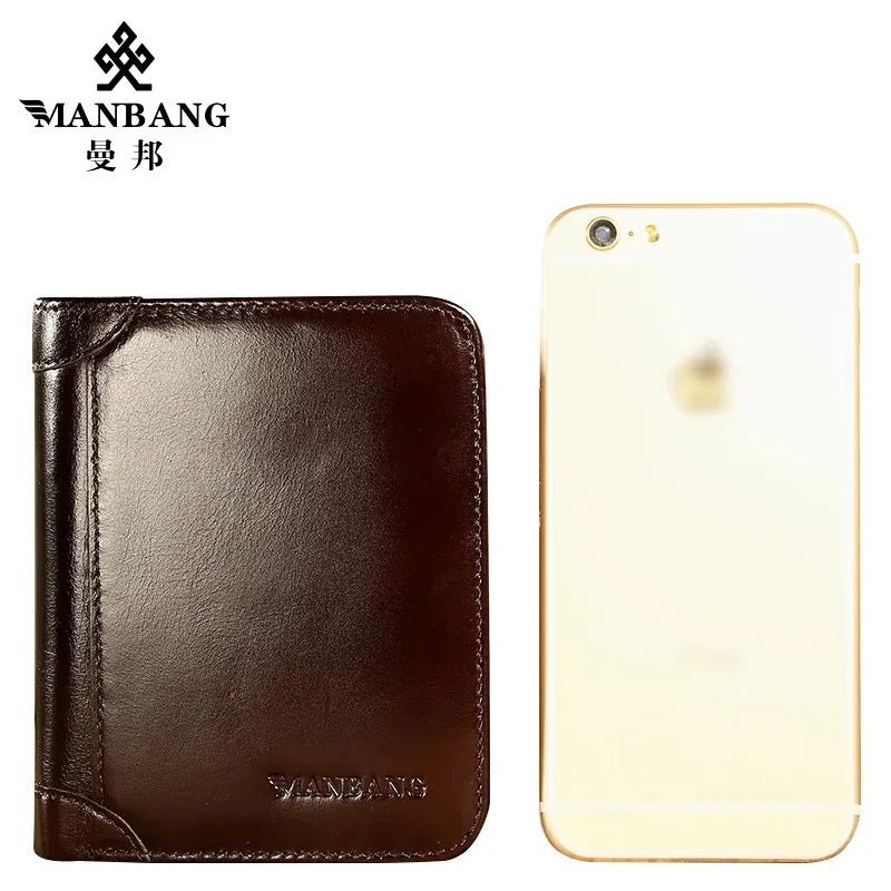 ManBang Luxury Men Wallet Genuine Cow Leather Male RFID Trifold Short Purse For Men with ID Window and Credit Card Holder