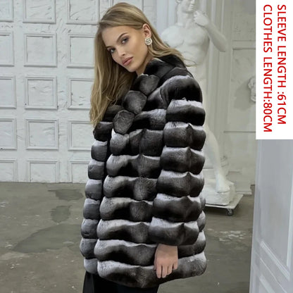 Women Natural Rex Rabbit Fur Coat With Fur Collar Warm Winter Jacket Women Warm Chinchilla Fur Jacket Real Fur Coat New