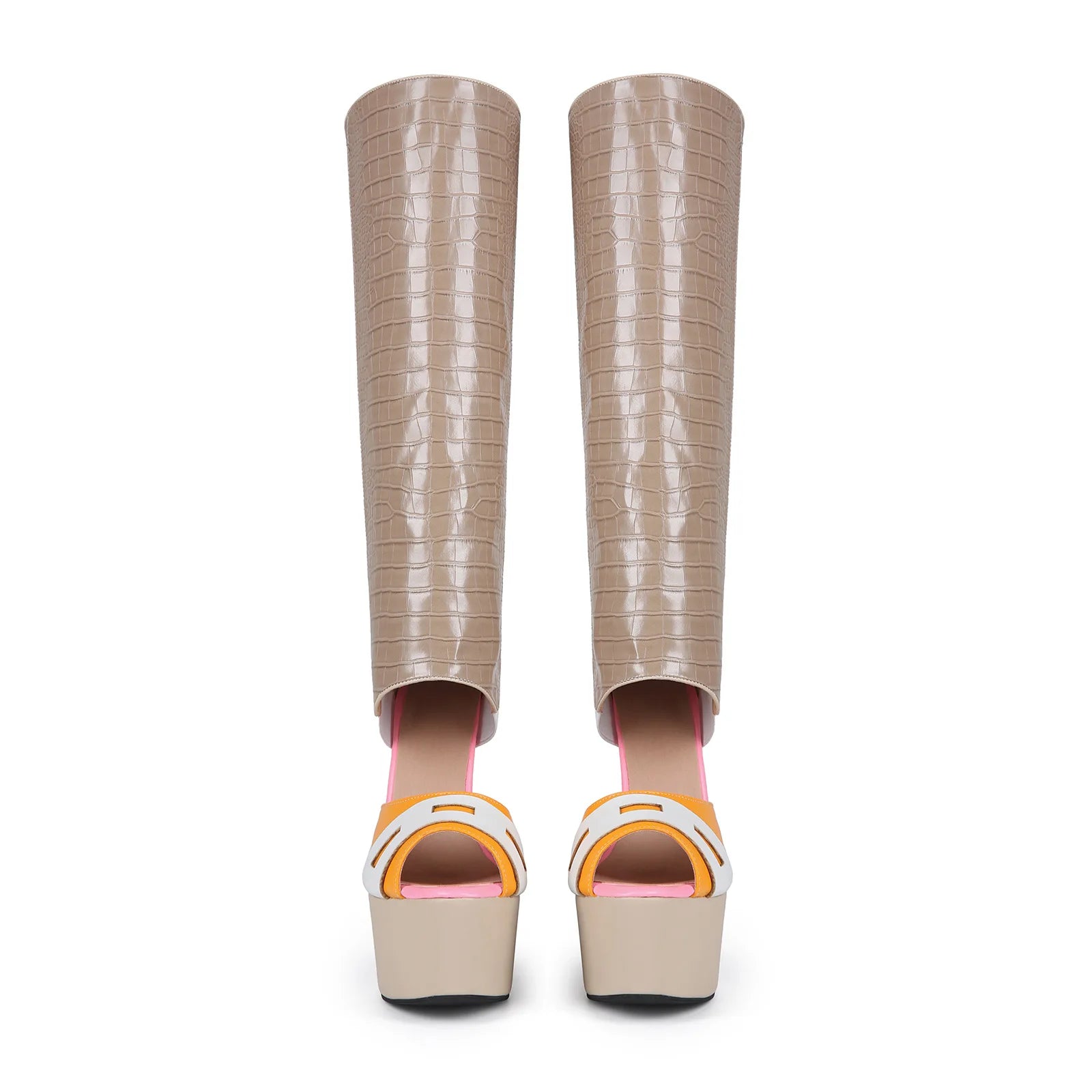 Mixed Color Crocodile-Patterned Patchwork Leather Boots Peep Toe Platform Hollow Thin Heel Summer Boots Catwalk Women Boots - Kimlud