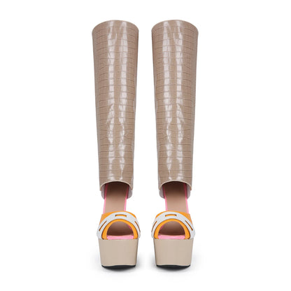 Mixed Color Crocodile-Patterned Patchwork Leather Boots Peep Toe Platform Hollow Thin Heel Summer Boots Catwalk Women Boots - Kimlud