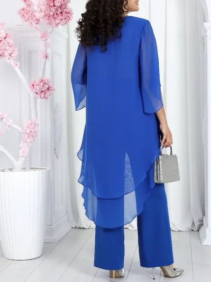 Elegant 2 Pieces Sets Woman's Chiffon Solid Mid-Sleeve Layered ruffled edges Long Top & Straight-leg Trousers Pants Sets Outfits