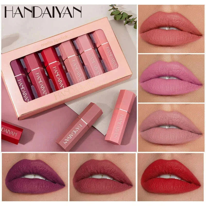 HANDAIYAN 6Pcs/Box Velvet Matte Lipstick Kit Lips Makeup Nude Lip Stick Make Up Cosmetics Foggy Matt Tint Lip Balm Cream Pigment