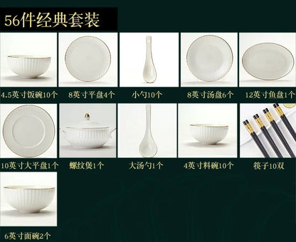 Bowl and dish set bone china tableware set bowl Jingdezhen light luxury simple hand drawn gold ceramic bowl and chopsticks plate - Kimlud