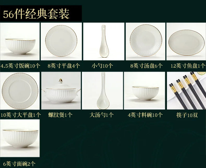 Bowl and dish set bone china tableware set bowl Jingdezhen light luxury simple hand drawn gold ceramic bowl and chopsticks plate - Kimlud