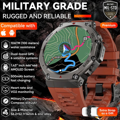 T-Rex 3 Built-in Dual-band GPS Military SmartWatch Men Compass Altimeter Barometric 10ATM&IP69K Waterproof 170+ Sport Smartwatch