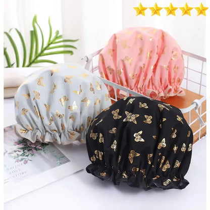 【Hot sales】Double Shower Cap Waterproof Hair Cap Hot Gold Printed Terylene Cotton Shower Cap Bathing Women