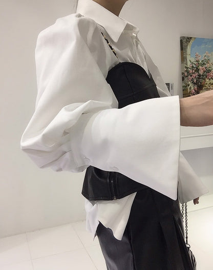 Spring Loose Bubble Sleeved Shirt Y2k White Shirts Women Chain PU Leather Vest Top Blusas Mujer De Moda 2024 Casual 2 Sets - Kimlud