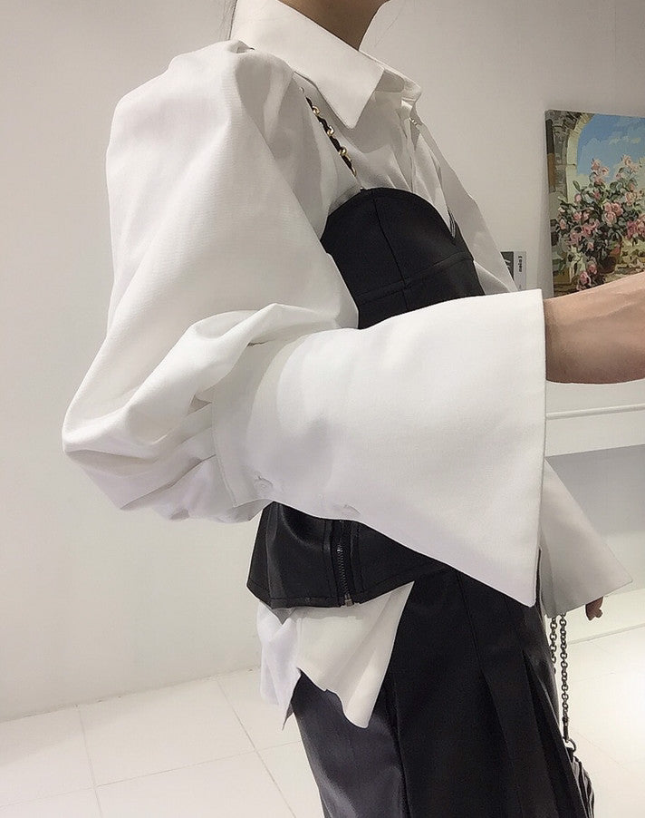 Spring Loose Bubble Sleeved Shirt Y2k White Shirts Women Chain PU Leather Vest Top Blusas Mujer De Moda 2024 Casual 2 Sets - Kimlud