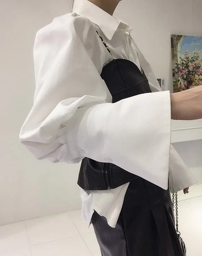 Spring Loose Bubble Sleeved Shirt Y2k White Shirts Women Chain PU Leather Vest Top Blusas Mujer De Moda 2024 Casual 2 Sets - Kimlud
