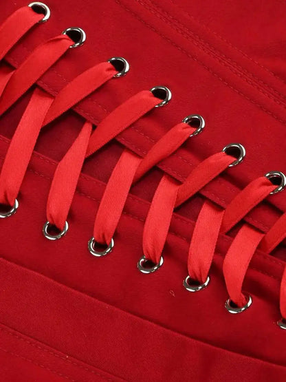 Red Solid Spliced Appliques Slim Backless Short Dresses For Women Strapless Sleevelss Patchwork Lace Up Dress Female Sexy LSW7