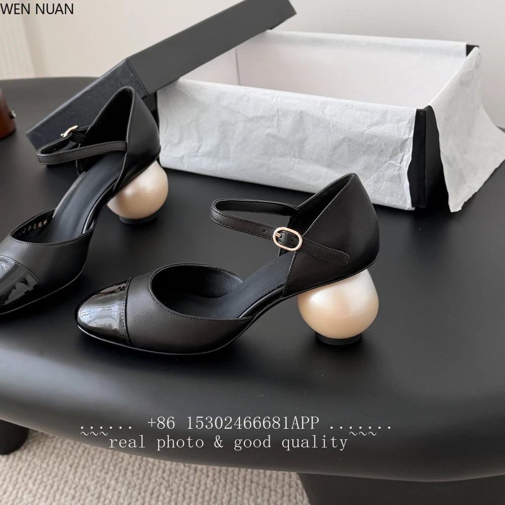 2026 New Genuine Leather Sandals Women Mary Jane Shoes Large Round Pearl Heels Buckle Strap Jane Women's Shoes Leather Side Open - Kimlud